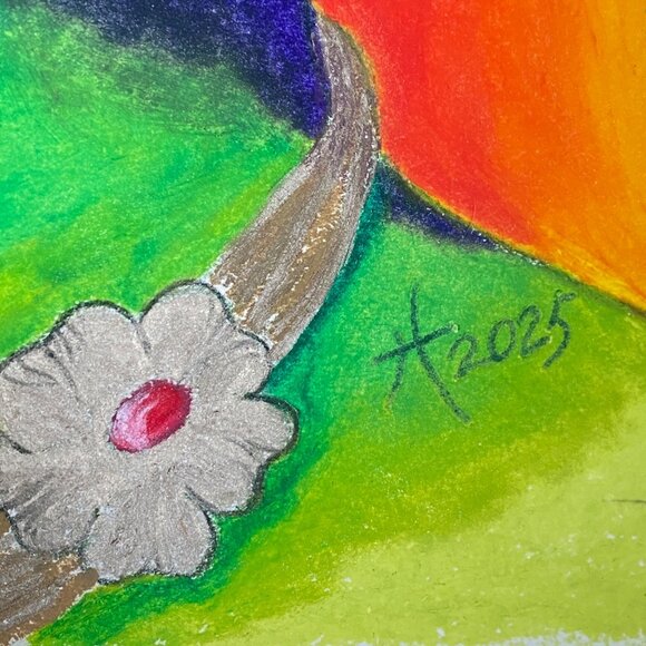Green Girl with Flower Necklace Original Oil Pastel Painting 11x14in Matted - Picture 8 of 8